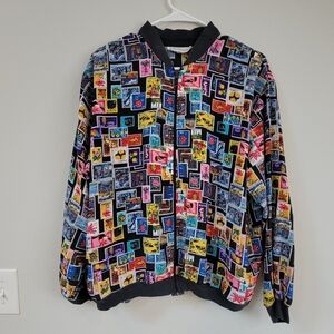 Petite Impressions Global Stamp Print Bomber Unisex Size M Artsy Travel